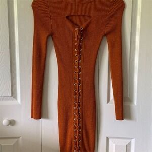 FCT Women's Copper‎ Ribbed Knit Lace-Up Sweater Dress Size S